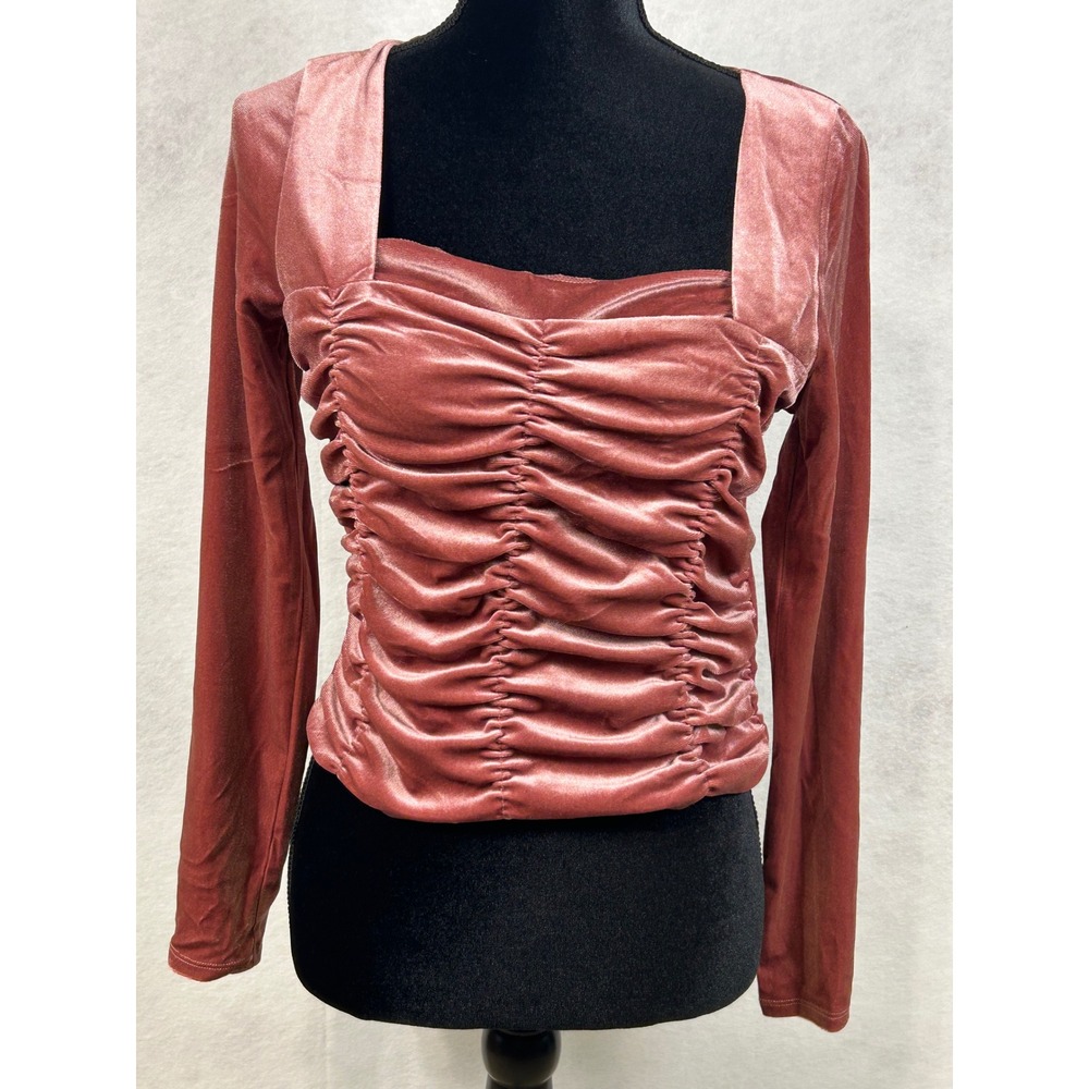 Love Fire Women's Ruched Shimmer Long Sleeve Top Medium Dusty Rose Square Neck